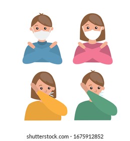 Children in medical masks to protect themselves from being infected and sneezing in elbow to prevent viruses spread. Girls and boy in different clothes and haircuts. Flat vector illustration.