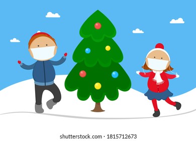 Children in medical masks rejoice near Christmas tree. Cartoon. Vector illustration.