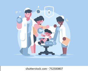 Children medical vaccination. Doctor injects vaccine child. Vector illustration
