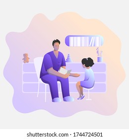 Children medicine and healthcare. Pediatrician in the clinic, hospital. Doctor, young patient isolated cartoon characters on doctor office background.  Medical check, childcare, pediatrician.