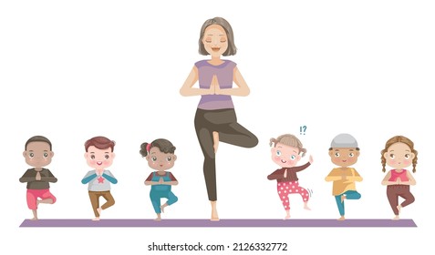 Children meditate on various ethnic groups on yoga mats with tree poses. Kids and teachers in the gym.