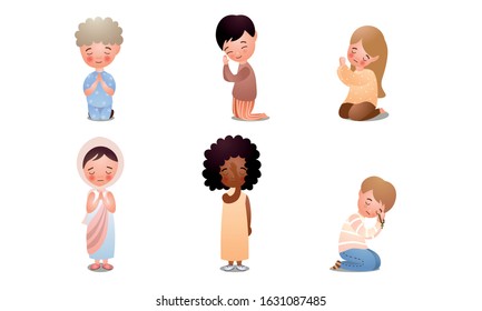 Children meditating, praying asking for something vector illustration
