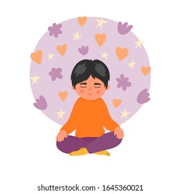 Children Meditation. Boy Sitting And Meditating. Kids Yoga, Mindfulness, Relax, Breathing Lessons Vector Illustration Isolated On White Background.