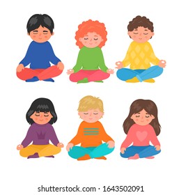 Children Meditation. Group Of Little Girls And Boys Sitting In Lotus Pose And Meditating. Kids Yoga, Mindfulness, Relax, Breathing Lessons Vector Illustration Isolated On White Background.