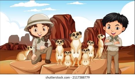 Children with meerkat group in desert forest illustration
