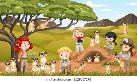 Children with meerkats in savanna forest illustration