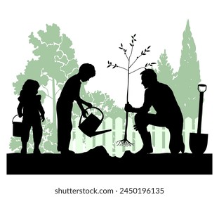 Children, men and women silhouettes on white background. Family working in the garden. Vector illustration.	
