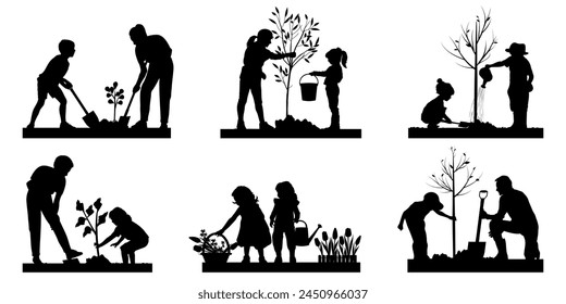 Children, men and women silhouettes on white background. People working in the garden. Vector illustration.