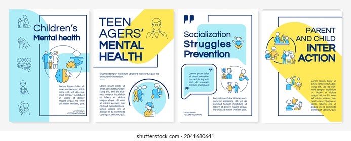 Children Mental Health Blue And Yellow Brochure Template. Flyer, Booklet, Leaflet Print, Cover Design With Linear Icons. Vector Layouts For Presentation, Annual Reports, Advertisement Pages