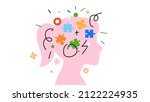 Children mental health and think concept. Little girl with colorful elements inside her head. Vibrant puzzle, gears, shapes, scribbles. Modern abstract illustration for cover, poster, presentation.