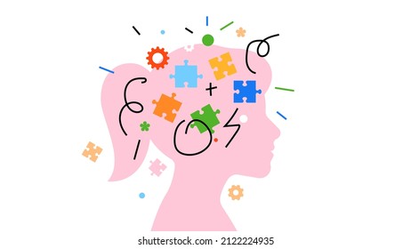 Children mental health and think concept. Little girl with colorful elements inside her head. Vibrant puzzle, gears, shapes, scribbles. Modern abstract illustration for cover, poster, presentation.