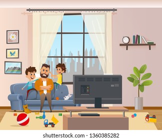 Children Messing Around Tired Annoyed Angry Father. Stress Man Character with Clenched Teeth Sitting on Sofa infront of TV. Naughty Kids Playing and Making Mess at Home. Cartoon Vector Illustration