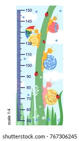 Children meter wall with a cute smiling cartoon snail and measuring ruler. The stadiometer. Vector illustration of snail isolated on a background of sky and grass.