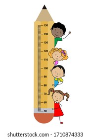 Children meter wall. Children with a pencil