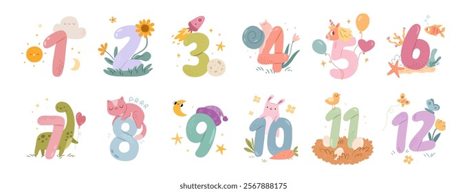 Children milestones, month or years anniversary for kids. Vector in flat style, baby monthly numbers cards. Animals and cute characters, greeting posters and postcards for celebration, banners