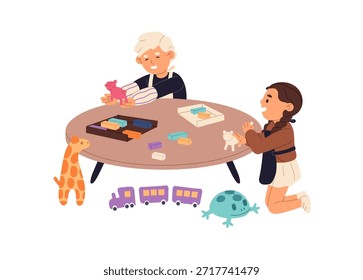 Los niños están modelando plastilina en clase de arte. Los niños juegan con el juguete en la mesa juntos. El niño y la niña desarrollan habilidades motoras finas en el jardín de infantes, guardería. Ilustración vectorial aislada plana en blanco