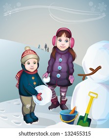 Children mold snowman