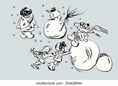 children mold snowmen winter snow