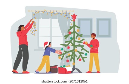 Children with Mom Decorate Home, Happy Family Decorating Room for Christmas Holidays Celebration. Mother Hang Garland on Window, Little Kids Put Toys on Beautiful Fir Tree. Cartoon Vector Illustration