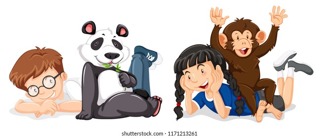 Children with monkey and panda illustration