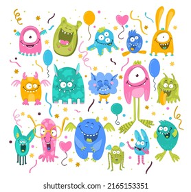 Children monster colorful icon set. Cute kawaii cartoon scary funny baby monster characters with eyes, tongue, tooth fang, hands up isolated on white background. Vector illustration