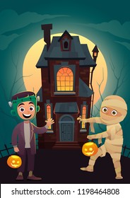 Children in monster costumes frankenstein and mummy at background home Tricks Or Treat Happy Halloween banner vector