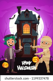 Children in monster costumes frankenstein and mummy at background home Tricks Or Treat Happy Halloween banner vector