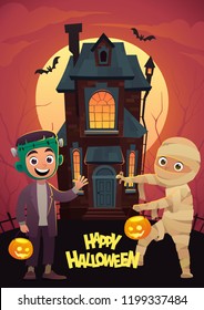 Children in monster costumes frankenstein and mummy at background home Tricks Or Treat Happy Halloween banner vector