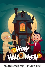 Children in monster costumes mummy and dracula at background home Tricks Or Treat Happy Halloween banner vector