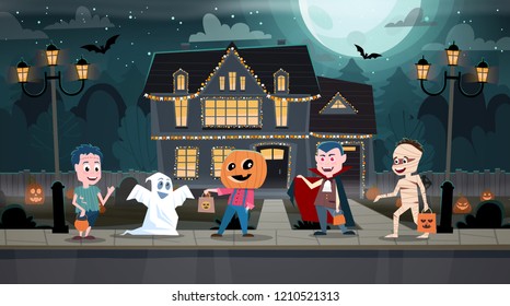 Children in monster costumes on a city street. Trick-or-treating Halloween ritual. Happy Halloween banner. Halloween celebration concept vector illustration