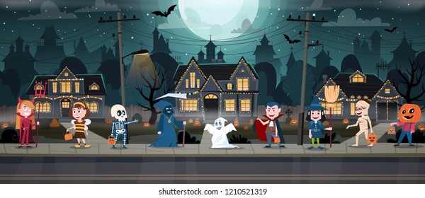 Children in monster costumes on a city street. Trick-or-treating Halloween ritual. Happy Halloween banner. Halloween celebration concept vector illustration