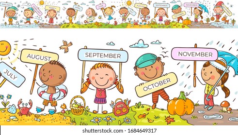 Children with months signs and changing weather and seasons, a long horizontal border or frame, colorful illustration