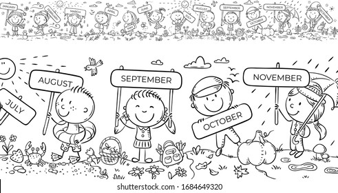 Children with months signs and changing weather and seasons, a long horizontal border or frame, vector illustration