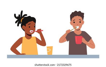 Children Morning Routine, Oral and Health Care. Kids Brushing Teeth, African Girl and Caucasian Boy Characters with Toothbrush and Paste Dental Hygiene Procedure. Cartoon People Vector Illustration