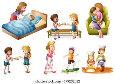 Children and mother doing different activities illustration