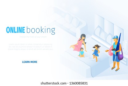 Children Mother Father in Comfortable Modern Apartment Isometric Vector Illustration. Child Friendly Booking Online Hotel Room Concept. Summer Vacation Reservation Apartment Service Application