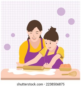 children and mother in the kitchen