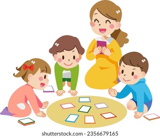 Niños y madres jugando juegos de cartas