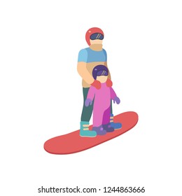 Children with mother is riding a snowboard in stylish bright clothes.