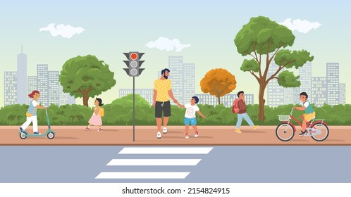 Children moving on street scene. Vector father with kid walking road crosswalk. City background