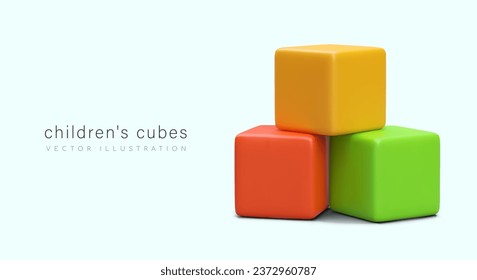 Children multicolored cubes. Educational toy. Study of colors and shapes. Realistic vector illustration. Concept for children studios, groups, preschool educational institutions