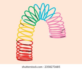 Espiral Slinky de juguete de 90 niños multicolor. Juego retro de dibujos animados aislados por vectores.