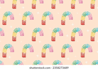 Children multi-colored toy 90s Slinky spiral. Vector seamless pattern, cartoon retro game.