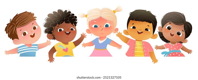 Niños multirraciales saludando y saludando, niños escolares felices. Niños multiculturales en la línea de ilustración para la escuela o el diseño de jardín de infantes. Vector de dibujos animados de personajes para niños Clipart de frontera aislado.