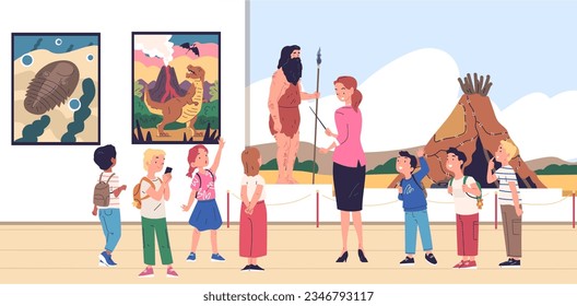 Children in museum. Child school group at antique exhibition excursion or art gallery exposition, kids ancient history science trip with teacher guide, vector illustration of museum education school