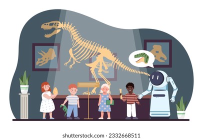 Children in museum concept. Kids with robot guide near dino skeleton. Exhibition of fossil and prehistoric objects. Cultural recreation and education, training. Cartoon flat vector illustration