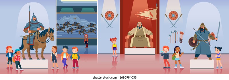 Children in museum. Kids watching mongolian, nomad warriors at museum excursion. School or kindergarten students on filed trip. Modern cartoon flat style vector illustration cartoon.