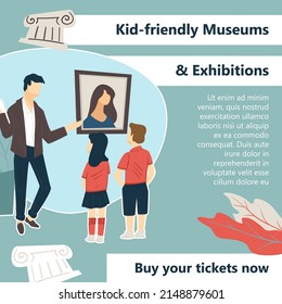 Children at museum looking at gallery and portrait exhibition. Kind friendly places for education and broadening of mind. Teacher explaining to teenagers meaning of picture. Vector in flat style