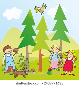 Children and mushrooms, boy and girls at forest, group of kids collect mushrooms. Vector illustration.