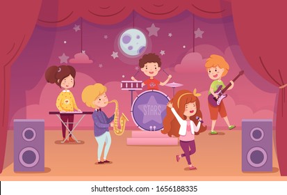 Children music band performing on concert scene. Kids playing musical instruments and singing. Synthesizer, saxophone, guitar, drums. Performance for parents and audience. Vector illustration